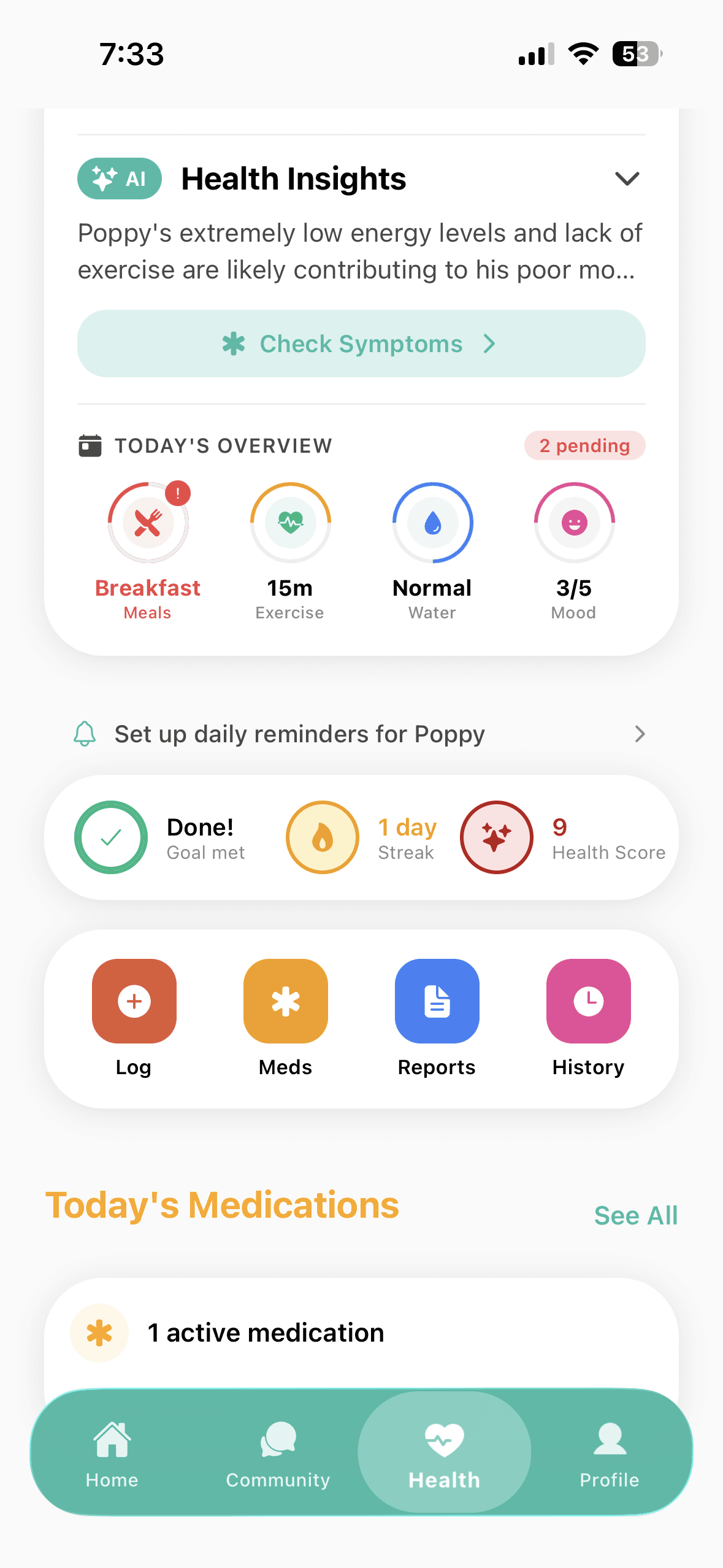Daily health tracking screen showing Health Insights, Today's Overview with meals, exercise, water and mood, plus quick log shortcuts.